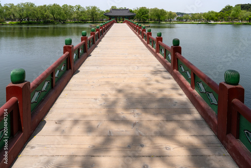 Symmetric Perspective of Empty Wooden Walkway at Gungnamji Pond