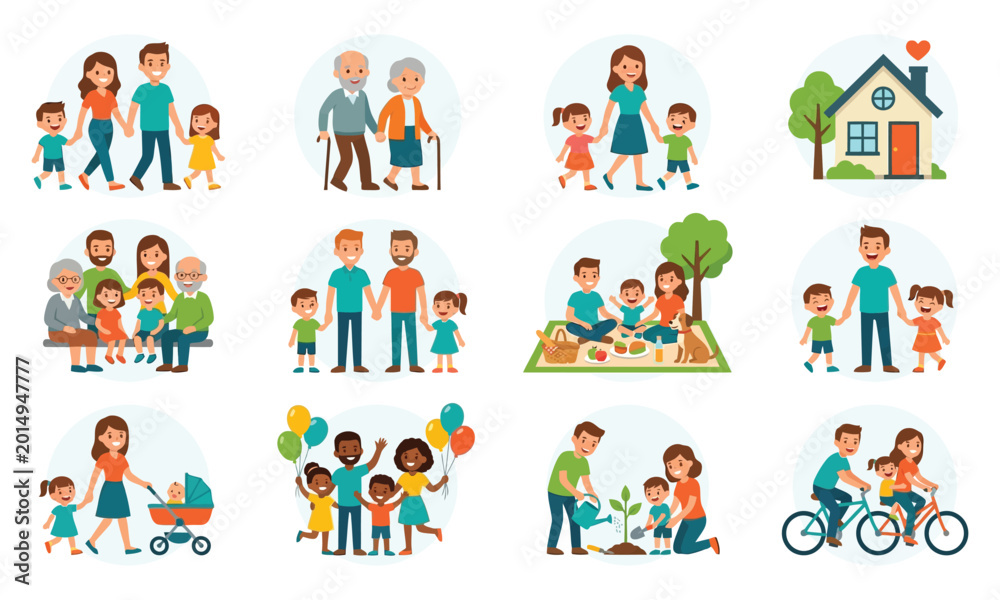 Fototapeta premium Flat vector illustration of diverse families engaging in daily activities, outdoor fun, and household scenes