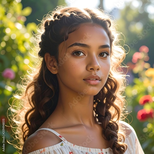 A young girl with braided hair standing in a garden