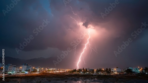 Dramatic Lightning Strike Over City Landscape at Night Time