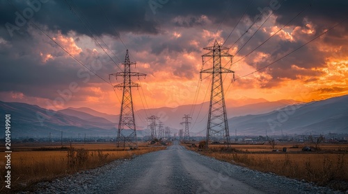 Serene Sunset Over Power Lines and Rural Road in Mountain Landscape
