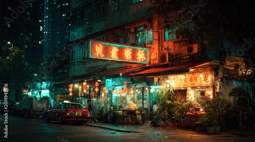 Vibrant Night Market Scene in Urban City with Neon Lights and Shops
