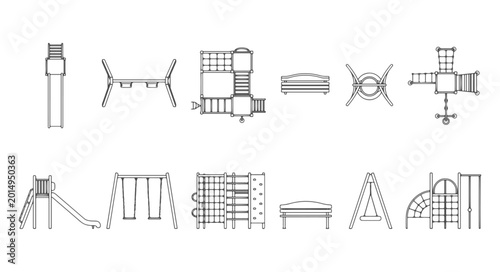 Collection of Children Playground Equipment Architectural Line Art Icons with Top View Plan and Side Elevation for Park Design