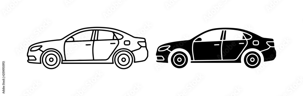 Obraz premium Sedan Car Icons, White Outline and Black Silhouette, Side View, Transportation Graphics