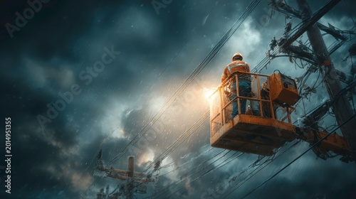 Worker in Basket Lift Inspecting Power Lines Under Dramatic Sky