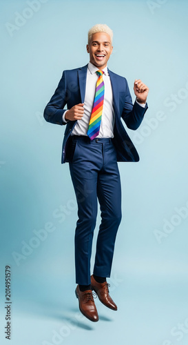A smiling man in a blue suit and rainbow tie jumps against a light blue background, symbolizing joy, pride, and celebration in the business world