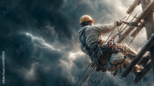Dedicated Worker Climbing Utility Pole Under Dramatic Skies