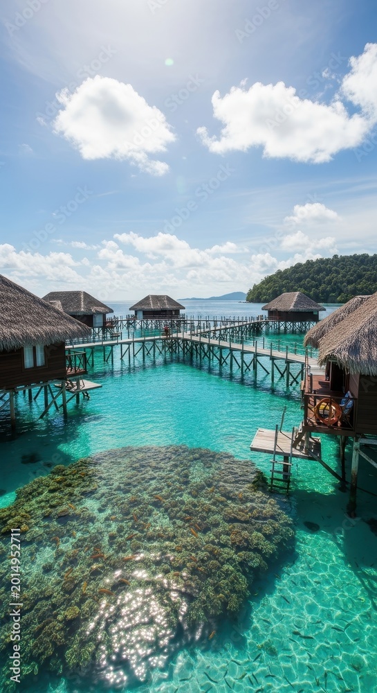 Fototapeta premium Stunning Overwater Bungalows and Turquoise Waters Under Sunny Skies.