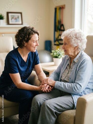 A young female nurse sits beside an elderly woman, holding her hands. They are both smiling warmly at each other.