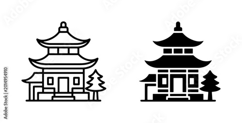 Fotografie Asian Pagoda Building Icons, Traditional Architecture Vector Set, East Asian Tem