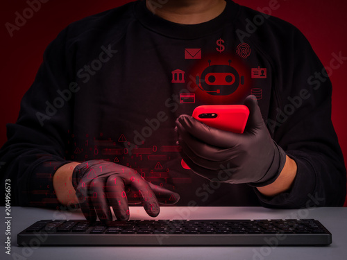 Canvastavla Cybercriminal or scammer using smartphone with AI bot interface and online scam icons