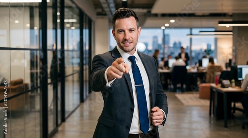 Confident businessman in a suit pointing his finger towards the camera while standing in a modern corporate office hallway during a workday to show leadership and professional recruitment