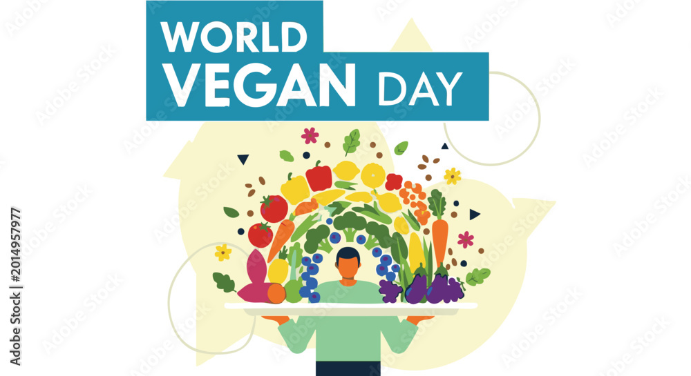 Fototapeta premium Vegan lifestyle colorful illustration with rainbow food plate in bright lighting for World Vegan Day campaign