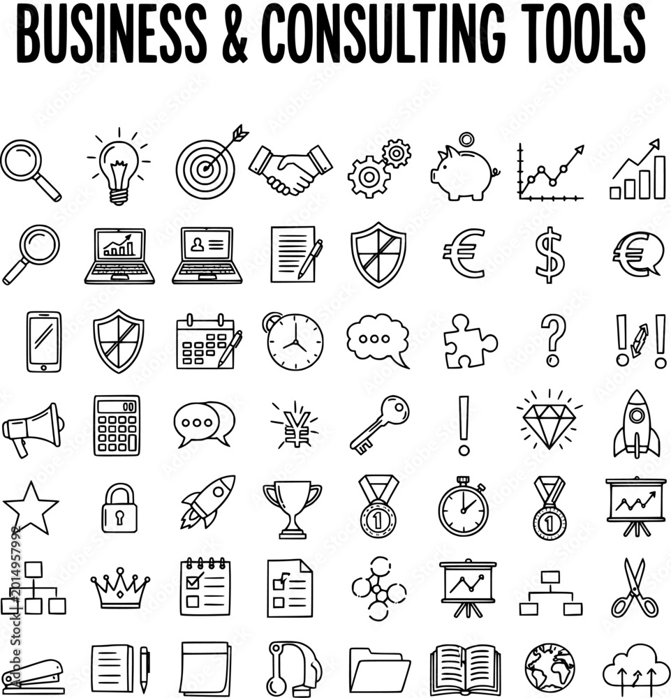 Naklejka premium Business and Consulting Tools Vector Icons Set. Outline Symbols for Corporate Strategy, Finance, Marketing, Management, and Growth Concepts.