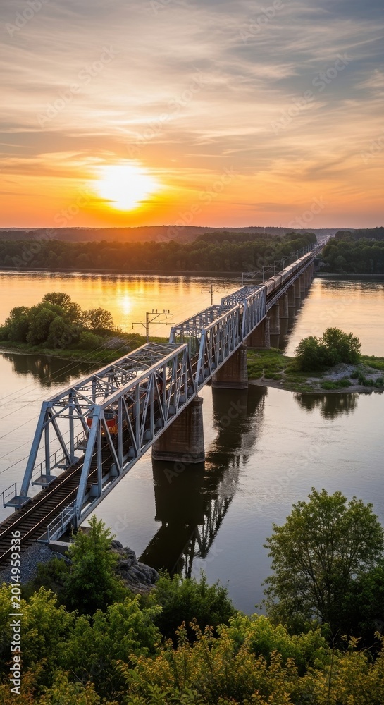 Obraz premium Stunning sunset over a long railway bridge spanning a wide river, with lush green trees on the banks and a vibrant orange sky reflecting on the water.