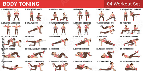 Bild auf Leinwand Comprehensive Women Body Toning Workout Set 04 Featuring Thirty Bodyweight Exerc