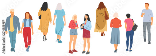 Vászonkép People walking and standing, men and women, front and back view, profile, differ