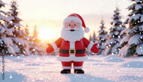 A cheerful Santa Claus stands in a snowy landscape. The Santa Claus is surrounded by snow-covered trees as the sun sets in the background.