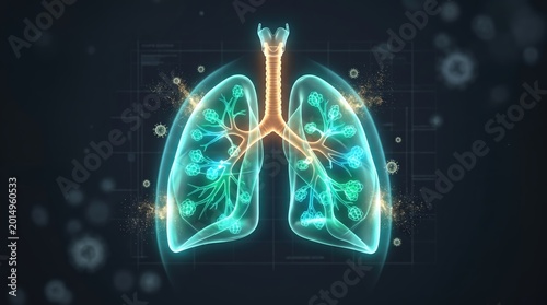 A glowing lungs with protective aura dissolving airborne virus particles, cold and flu symptoms