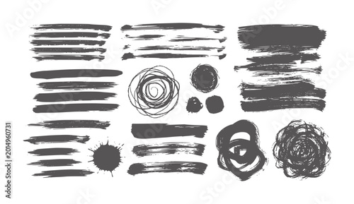 Tableau sur toile Collection of dark grey abstract brush stroke and ink splatters