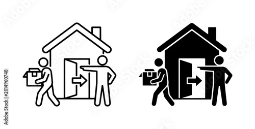 Delivery Icons: Person Delivering Package to House Door, Doorstep Drop-off, Contactless Service Vector Set