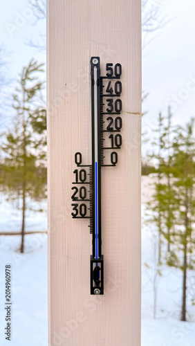 Outdoor Thermometer in Snowy Winter Forest Showing Cold Temperature