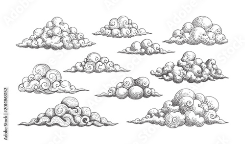 Photography Hand drawn swirling clouds in vintage style monochrome