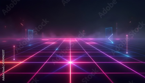 Abstract futuristic grid landscape with neon pink and blue lights, digital art, glowing lines, and atmospheric effects