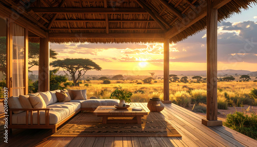 Luxury Safari Lodge Veranda Overlooking African Savannah Sunset.