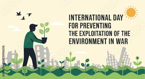 Man holding green plant in cityscape with sunny eco friendly illustration for environmental conservation
