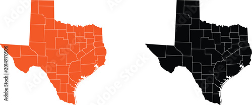 Fotografija Orange and black map of texas state showing all county borders and lines Vector