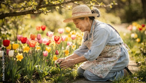 Senior East Asian woman in a straw hat and floral apron kneeling in a sunny spring garden, carefully tending to vibrant blooming tulips and daffodils with a peaceful expression on her face.