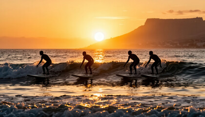 Four surfers ride the waves during sunset, silhouetted against the vibrant orange sky. The surfers enjoy the ocean while the sun sets over the mountain in the distance.