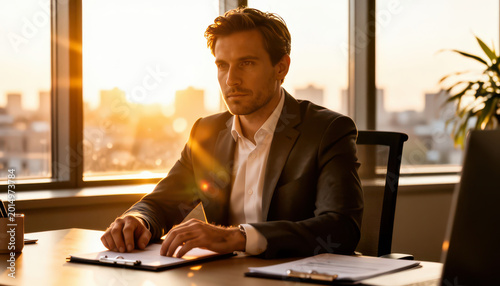 A man sits at a desk, gazing thoughtfully out of a window during sunset. The sunset casts warm light across the room, highlighting the man's focused expression.