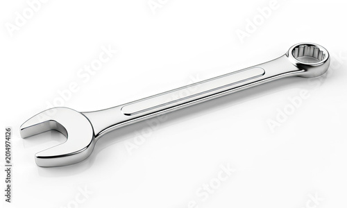 A chrome open-end wrench rests on a transparent background. The wrench is shiny and reflects light.