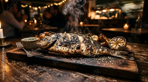 Grilled fish on wood board