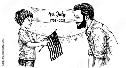 Bild auf Leinwand Father and son with american flag independence day sketch illustration