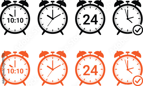 Fotografie Set of black and orange alarm clock icons for time management and business Vecto