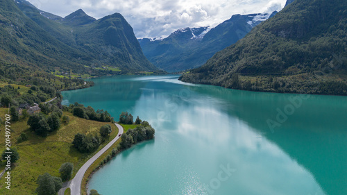 Bild auf Leinwand Panoramic View of Oldevatnet Lake and Mountains in Olden Norway
