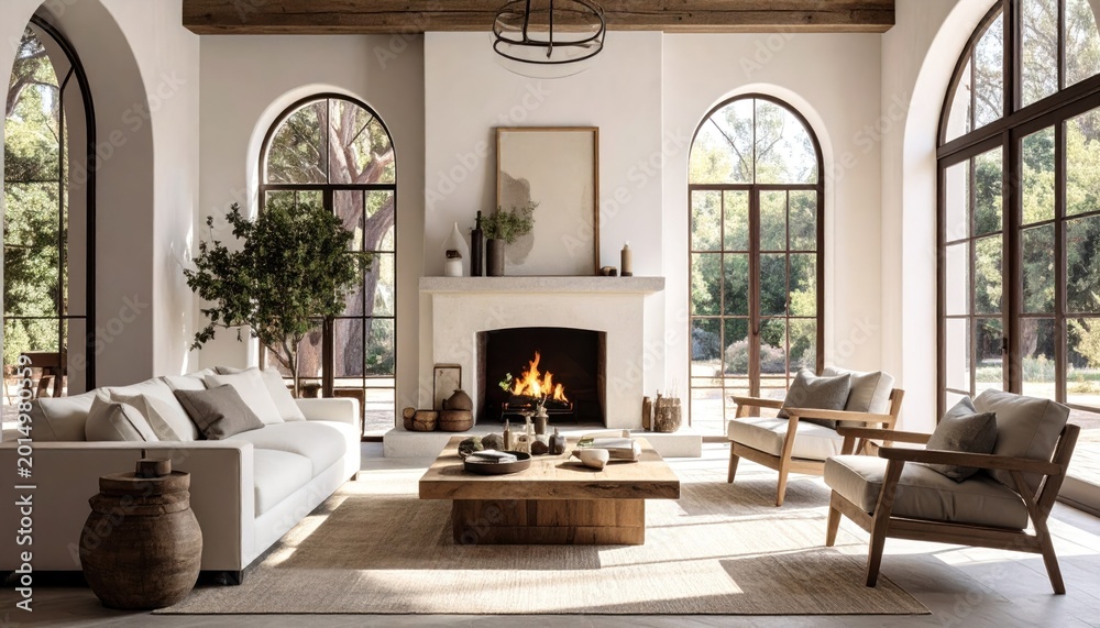 Fototapeta premium Elegant living room with a modern fireplace, neutral furniture, large windows, and natural decor