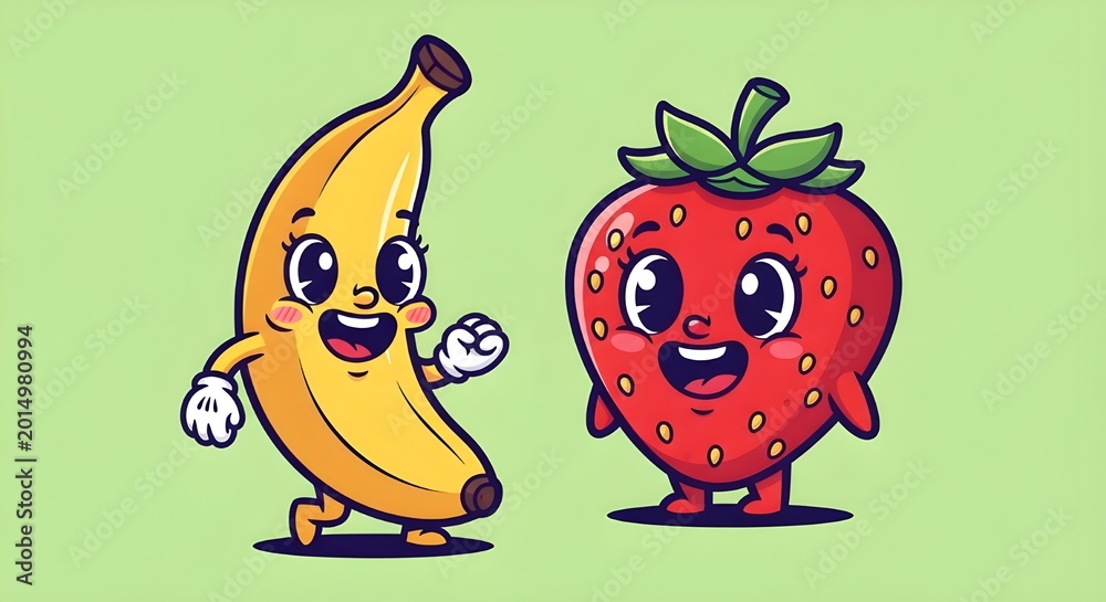Naklejka premium Banana and Strawberry Cartoon Fruit Duo