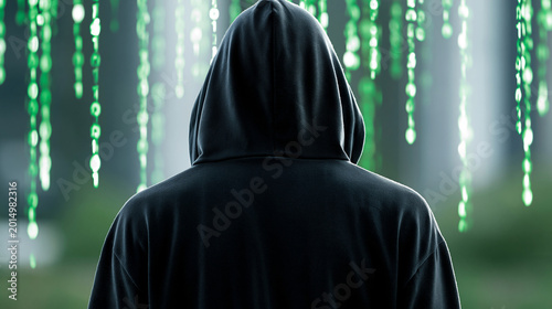 Rear view of a hooded hacker cracking digital code to infiltrate a network, cyberattack concept, mainframe breach visualization, ransomware hacker activity, defocused background,