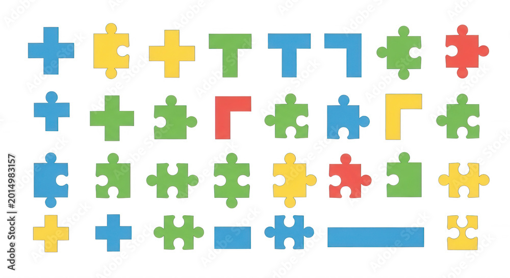 Naklejka premium Assorted interlocking puzzle pieces and geometric shapes in bright colors against a plain surface