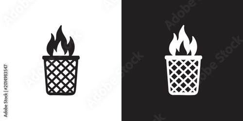 Trash Can Fire Silhouette – Lattice Bin with Stylized Flames in Black and White