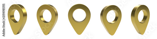 Vector set of golden map pointer pin shown from different angles and in positions. Glossy symbol, isolated 3d render. Realistic luxury gold metallic 3d location icon for navigation, GPS, direction.