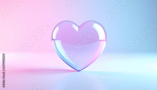 Translucent heart shape reflects soft pink and blue hues on a gentle gradient backdrop