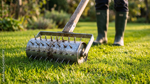Person using spiked roller lawn aerator on lush green grass in sunny garden