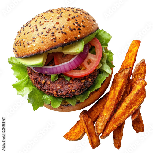 Close Up Of Delicious Vegetarian Burger With Sesame Bun Fresh Vegetables and Sweet Potato Fries Isolated on Transparent Background