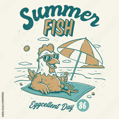 chicken wearing sunglasses on beach.