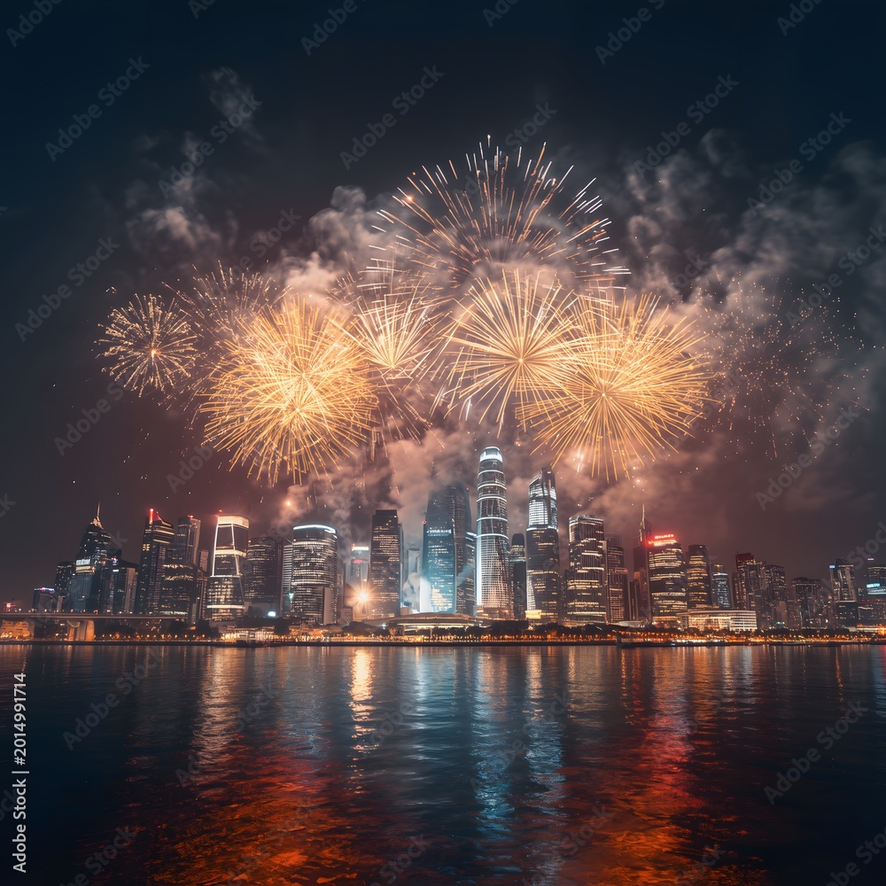 Fototapeta premium Stunning cityscape view showcasing illuminated skyscrapers reflecting upon dark water surface while colorful explosive fireworks illuminate night sky during grand festive celebration.